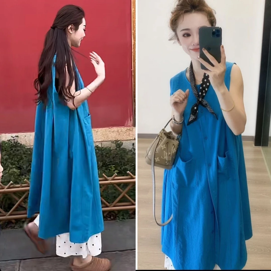 【套装】夏季无袖背心连衣裙韩系高级感气质排单扣长裙+波点裤子女