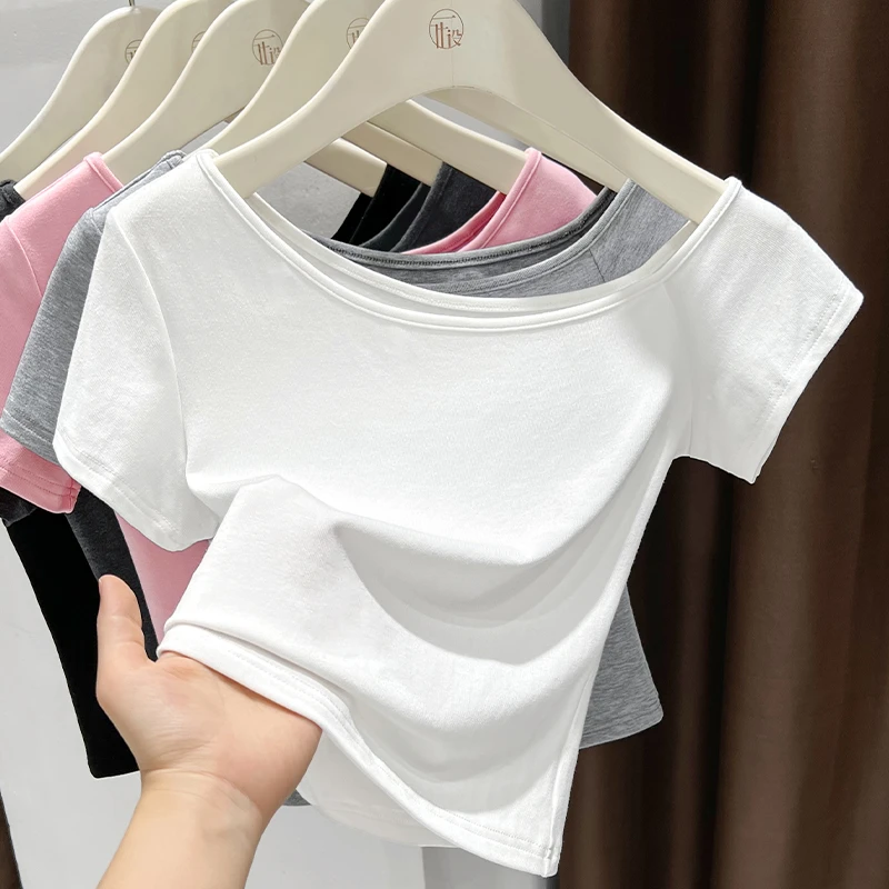 设计感露锁骨斜领短袖打底衫女2025夏季新款内搭针织修身T恤上衣