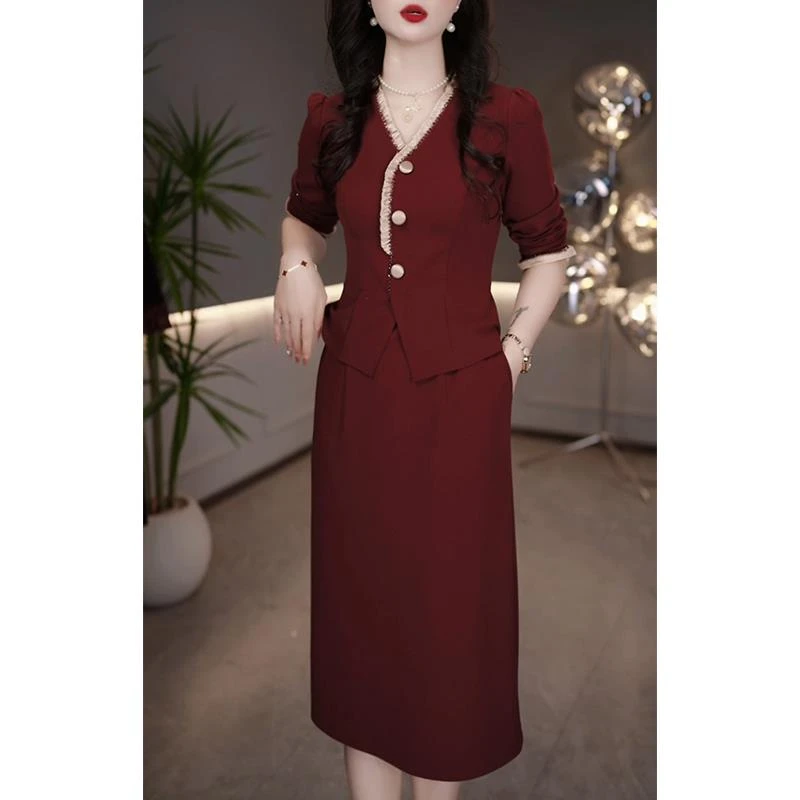 V领假两件连衣裙女2025年春秋新款喜婆婆妈妈九分袖婚宴礼服裙子