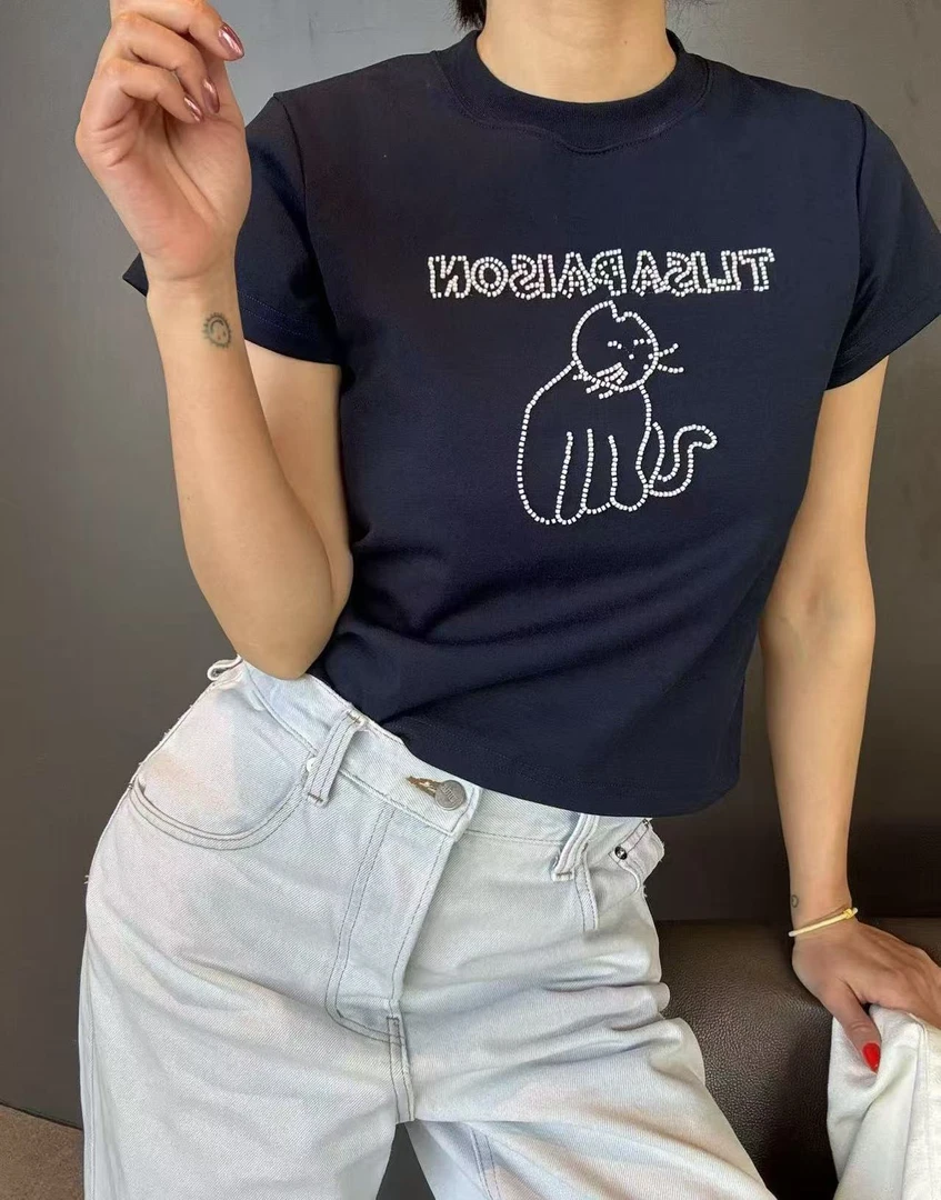 【猫咪钉珠】重工立体钉珠字母卡通猫咪圆领正肩短袖T恤