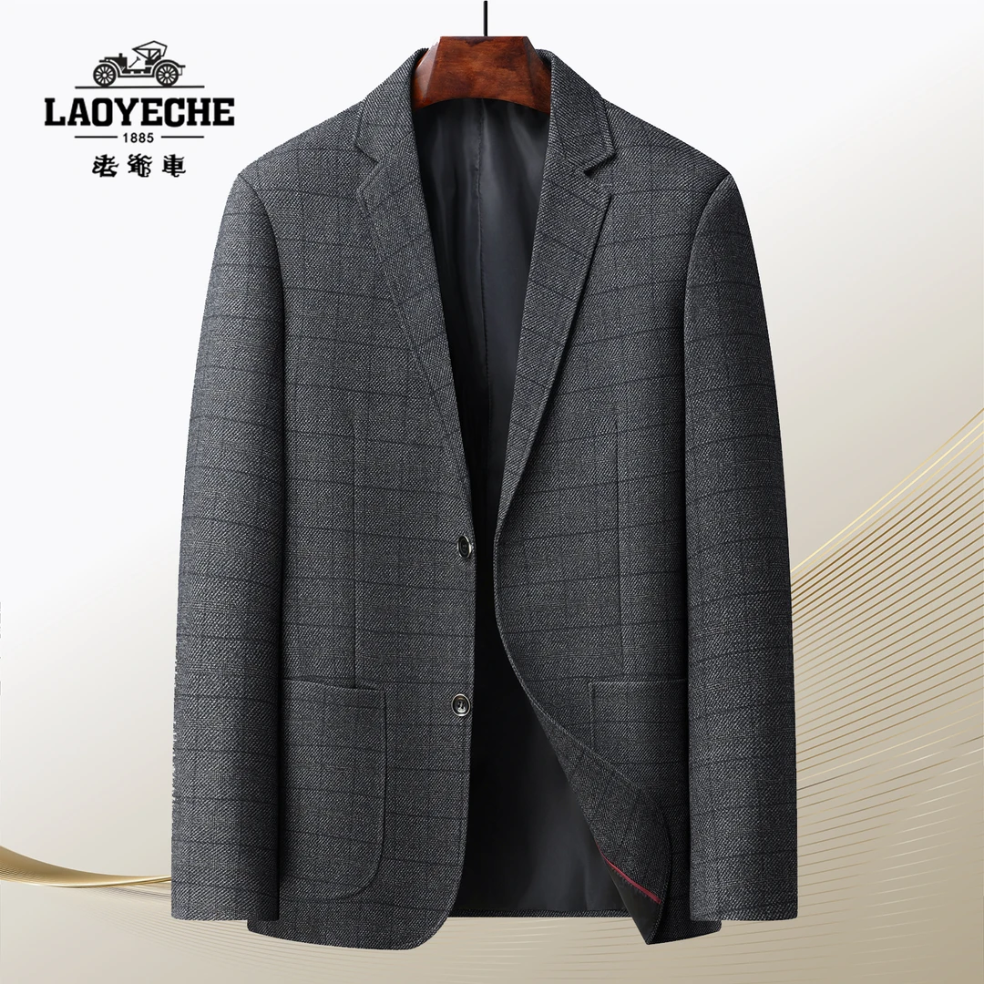 老爷车春秋季薄款中年男士休闲西装外套格子韩版修身西服上衣时尚