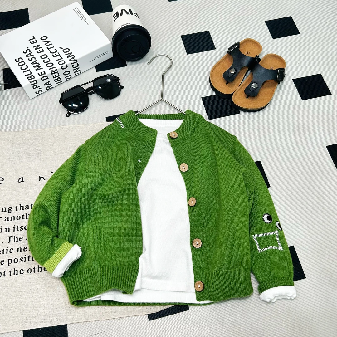 【反季囤】儿童秋季纯色刺绣针织圆领开衫休闲男女童毛衣外套
