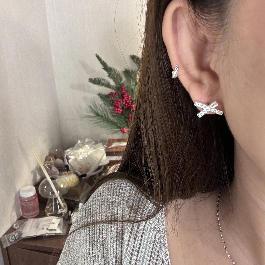 铜合金合成锆石耳饰 韩国 银针 X耳钉