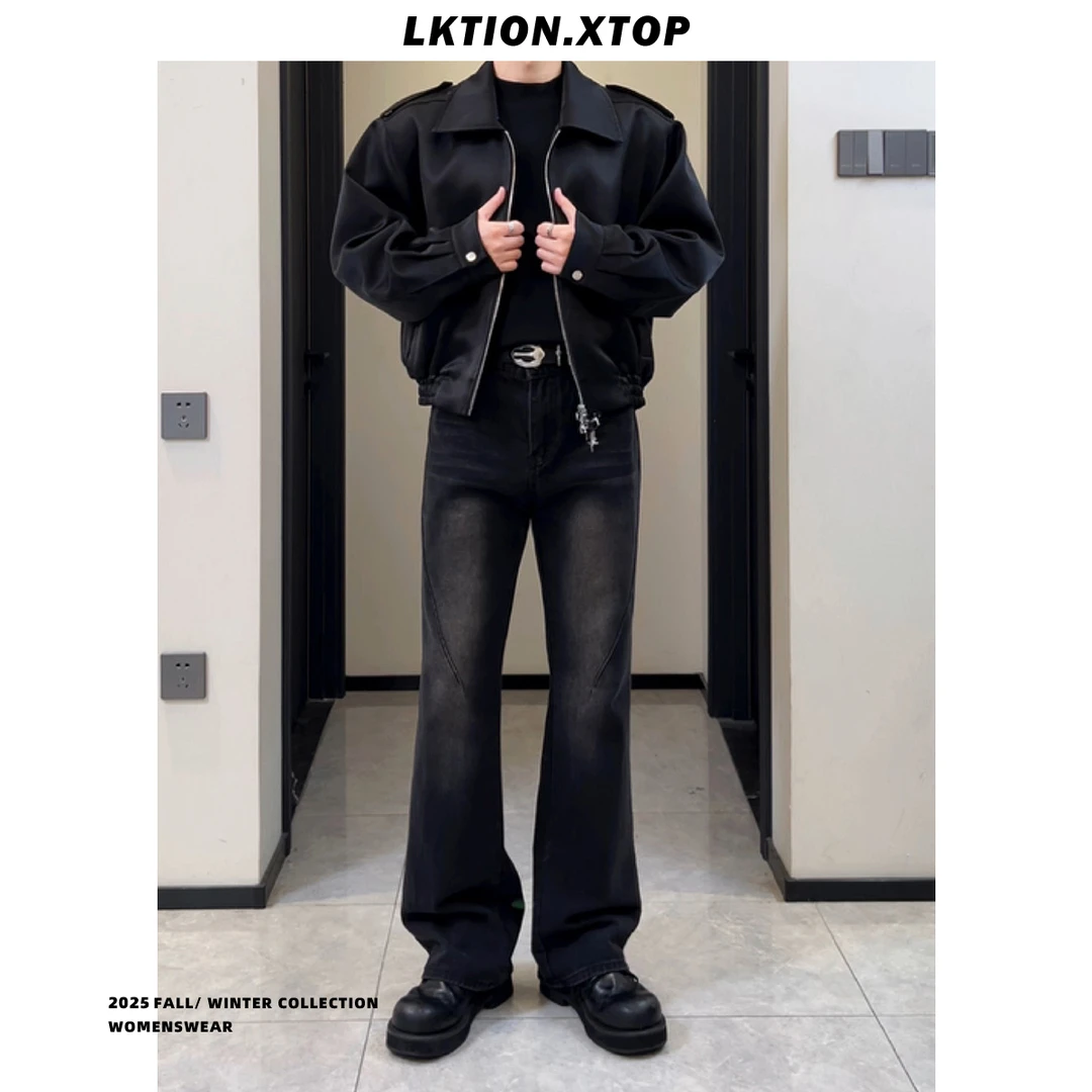 LK正品 痞帅潮新款黑色脱浆12盎司原牛复古百搭ins牛仔长裤