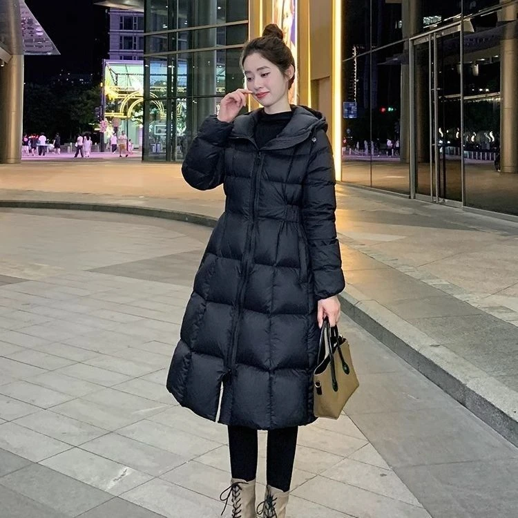 欧货爆款黑色棉服女中长款2025冬季新款加厚连帽收腰修身显瘦