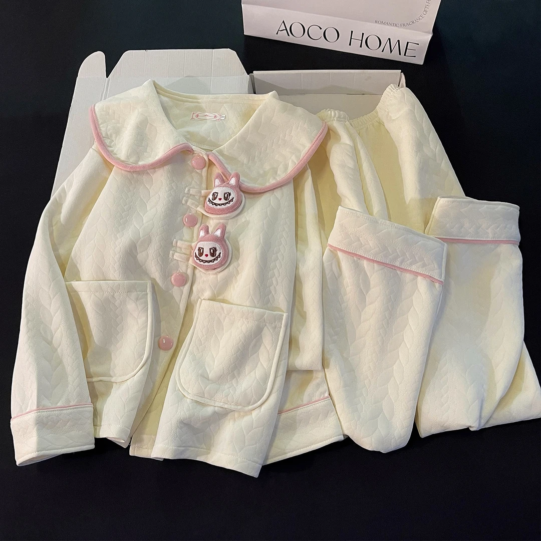 粉色可爱拉布布睡衣女生新款秋冬季加厚保暖空气棉长袖家居服套装