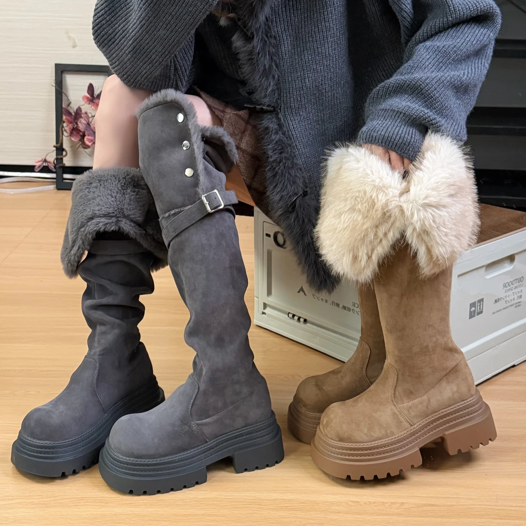 2025年冬季新款复古瘦瘦靴女加绒过膝长靴灰色长筒靴雪地靴骑士靴