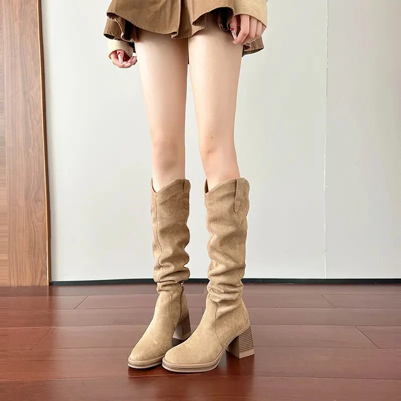 绒面粗跟西部堆堆靴女2025秋冬新款v口显瘦高筒骑士靴不过膝长靴