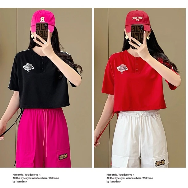 休闲运动女2025夏季新款宽松短袖短款T恤