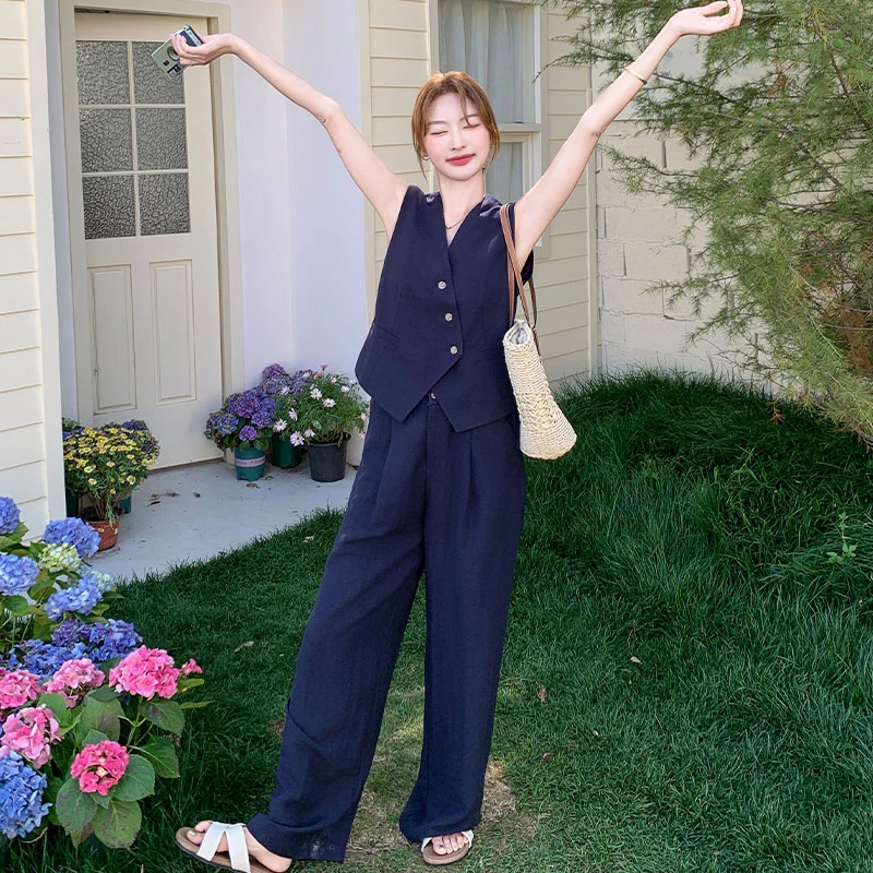 藏青色马甲阔腿长裤套装女2025夏新款显瘦高腰通勤纯色无袖两件套