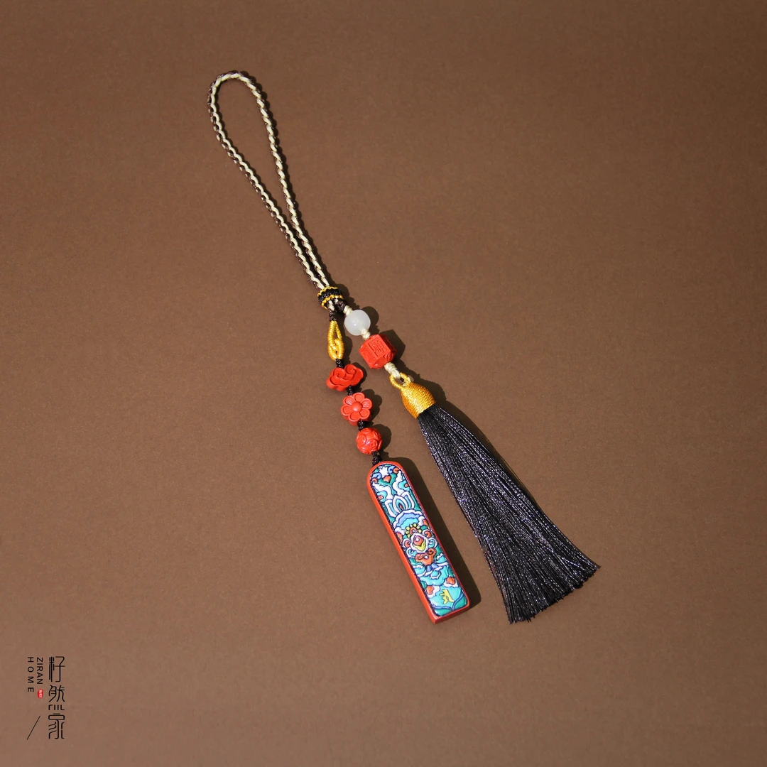 辰砂（处理）天然朱砂红纱精雕彩绘花开富贵包挂车挂