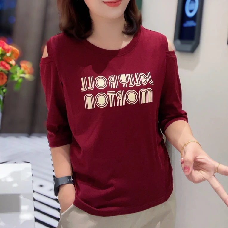 《霞姐服饰》早秋季新款露肩英文中袖t恤女装韩版休闲常规货号：3449