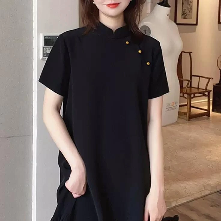 新中式黑色连衣裙夏季2023新款复古改良旗袍小个子宽松显瘦小黑裙