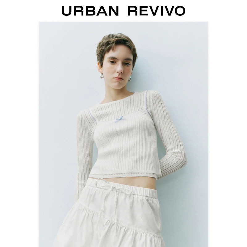 UR2025秋季新款女装芭蕾风假两件镂空修身针织衫UYU950047