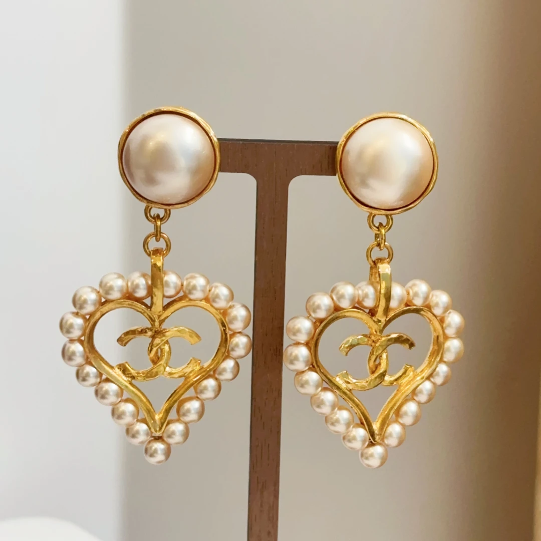95新 Chanel/香奈儿 Chanel vintage香奈儿中古爱心珍珠耳夹