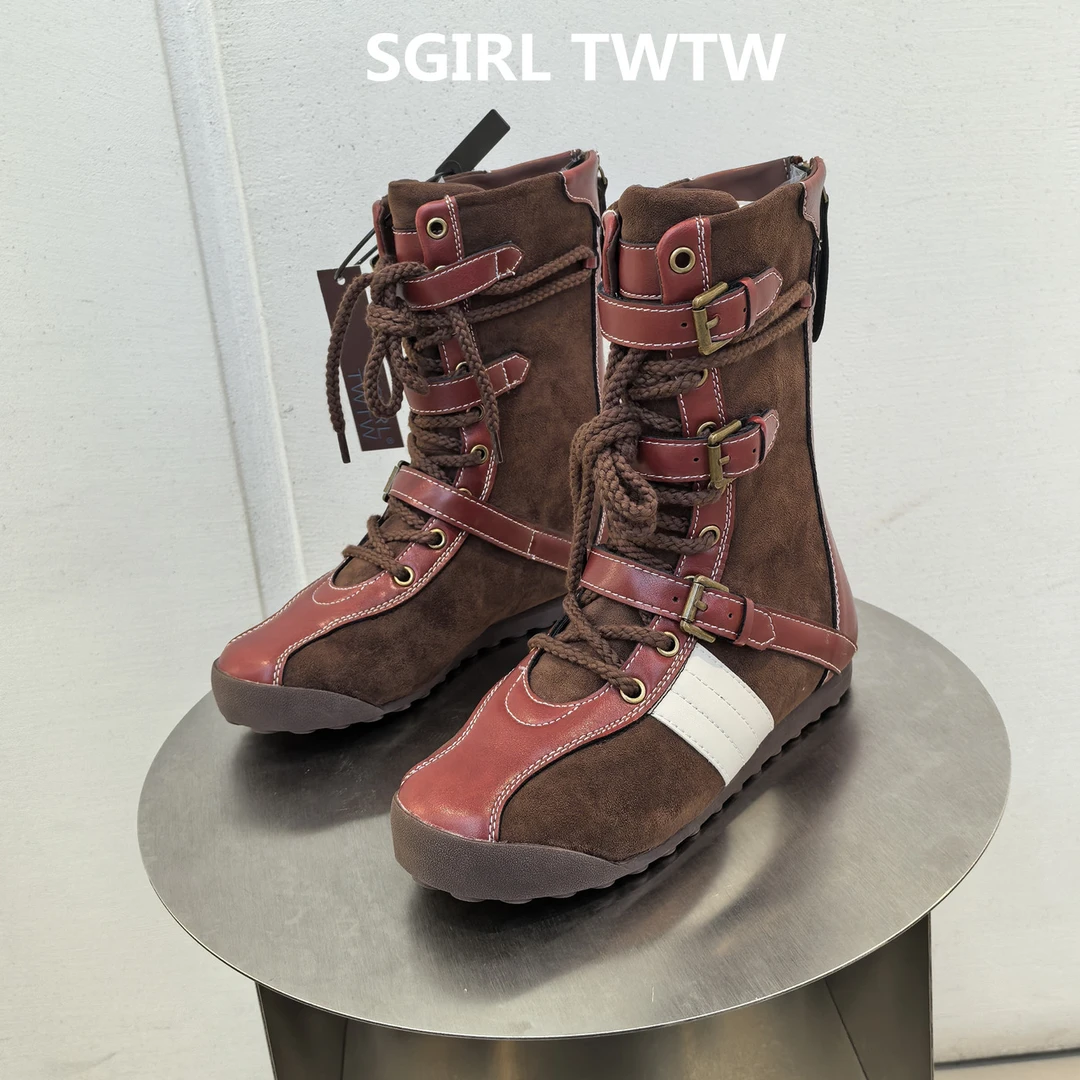 SGIRL TWTW2025年秋季新款皮拼绒面平底百搭低筒短靴子时装靴女靴