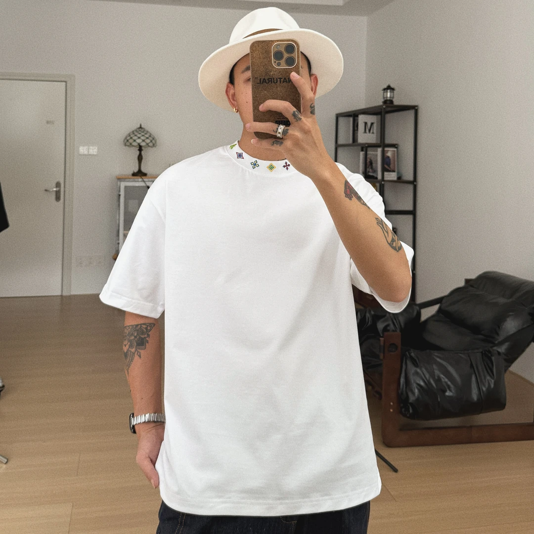 老颜原创260克重磅男生夏季短袖t恤圆领螺纹领口刺绣潮男短袖t恤