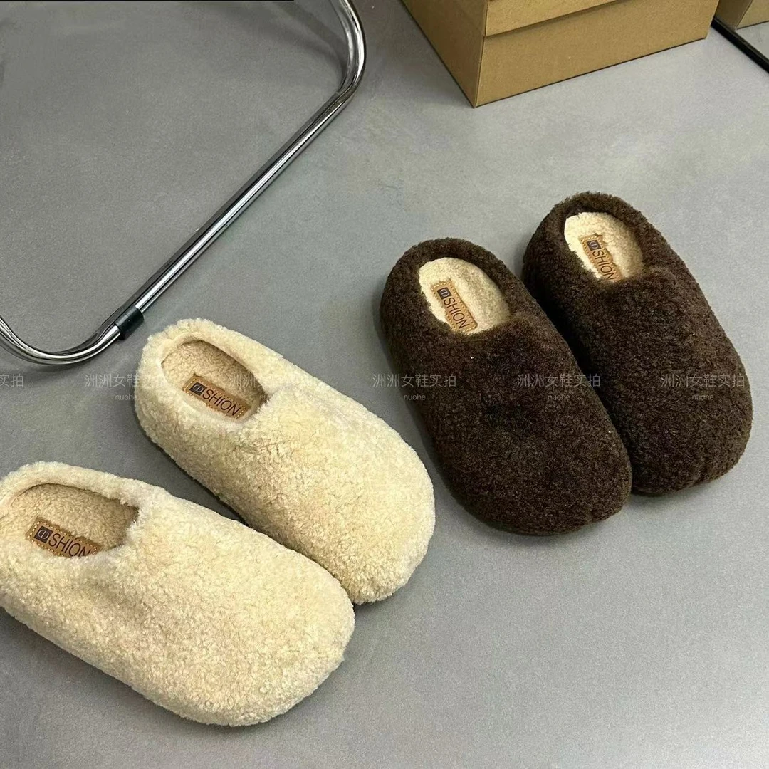 小个子内增高5CM~羔毛毛鞋女冬外穿包头拖鞋厚底加绒保暖勃肯拖