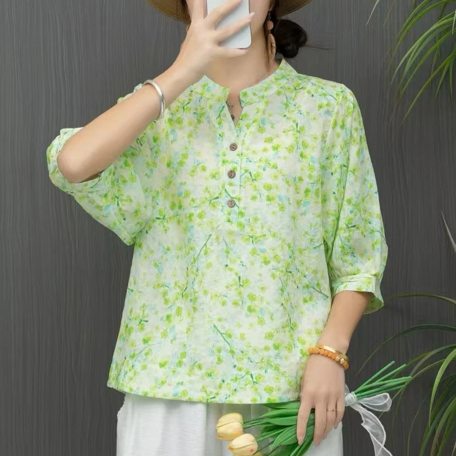 2025夏季新款棉麻碎花小衫女上衣苎麻文艺复古宽松大码妈妈装
