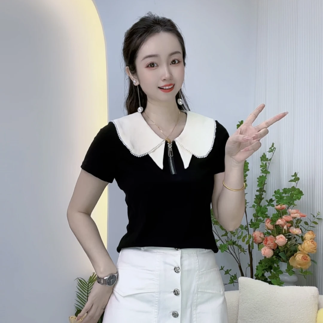 依琳精选 撞色珍珠娃娃领短袖t恤女夏季独特别致显瘦遮肉正肩上衣