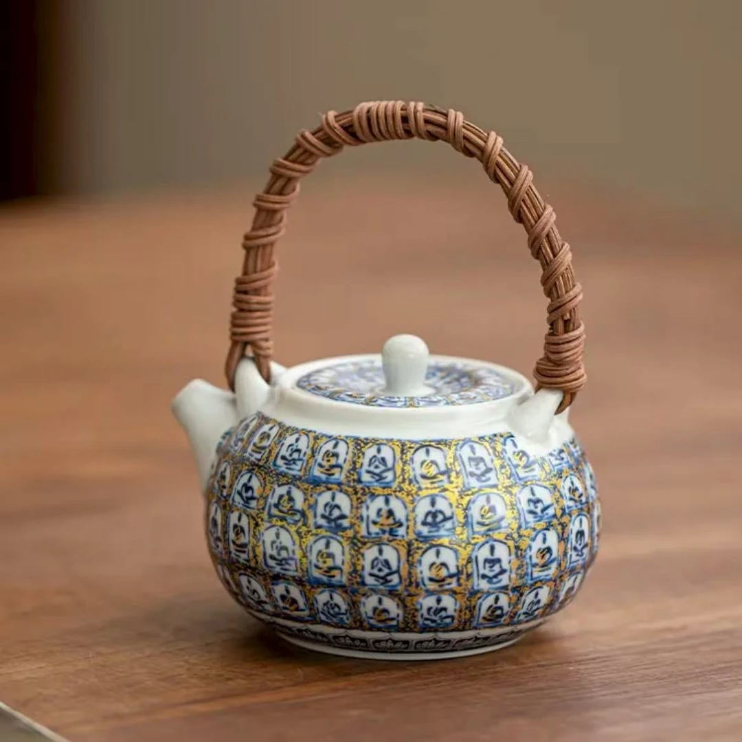 YP122-青花千佛藤编提梁壶泡茶陶瓷家用复古