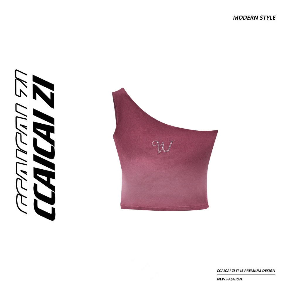 [no退no换]【莓莓果冻】渐变色烫钻辣妹斜肩短款吊带背心上衣2651