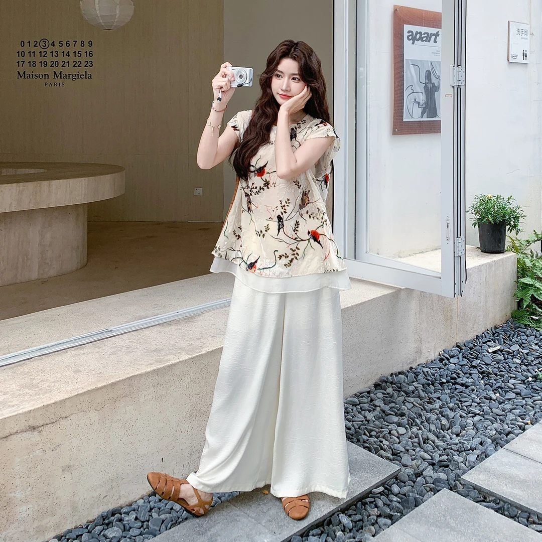 新中式国风气质套装裙女2025夏季新款无袖印花上衣阔腿裤两件套