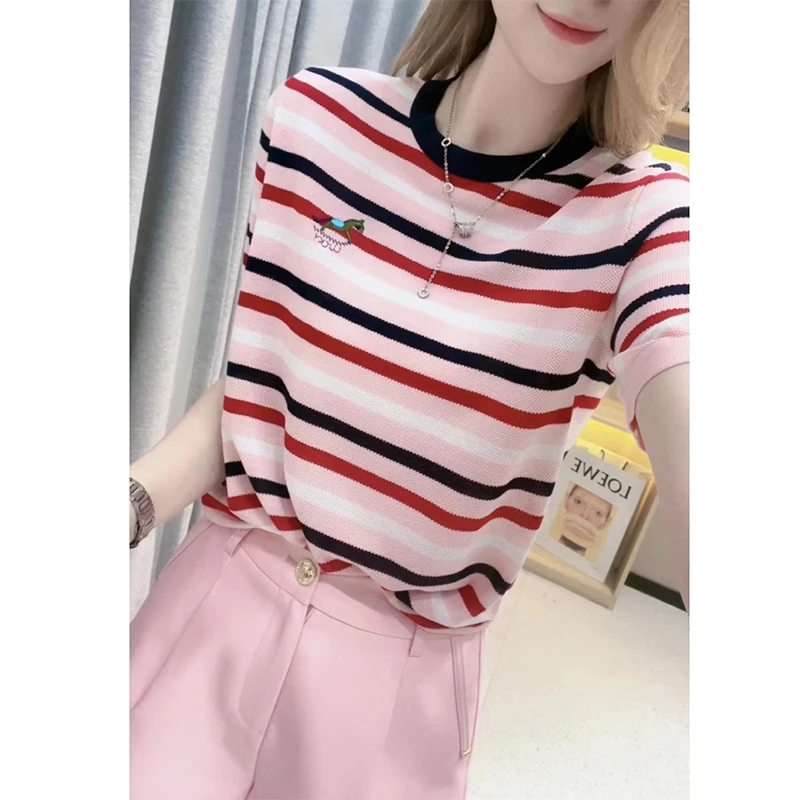韩版时髦小马刺绣短袖针织衫女2025年夏季新款条纹撞色打底上衣潮