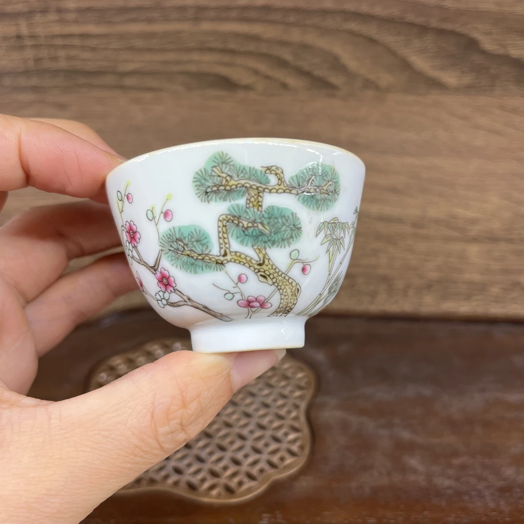 手绘松竹梅陶瓷品茗杯功夫茶具50cc茶杯主人杯彩杯花纹精美白瓷