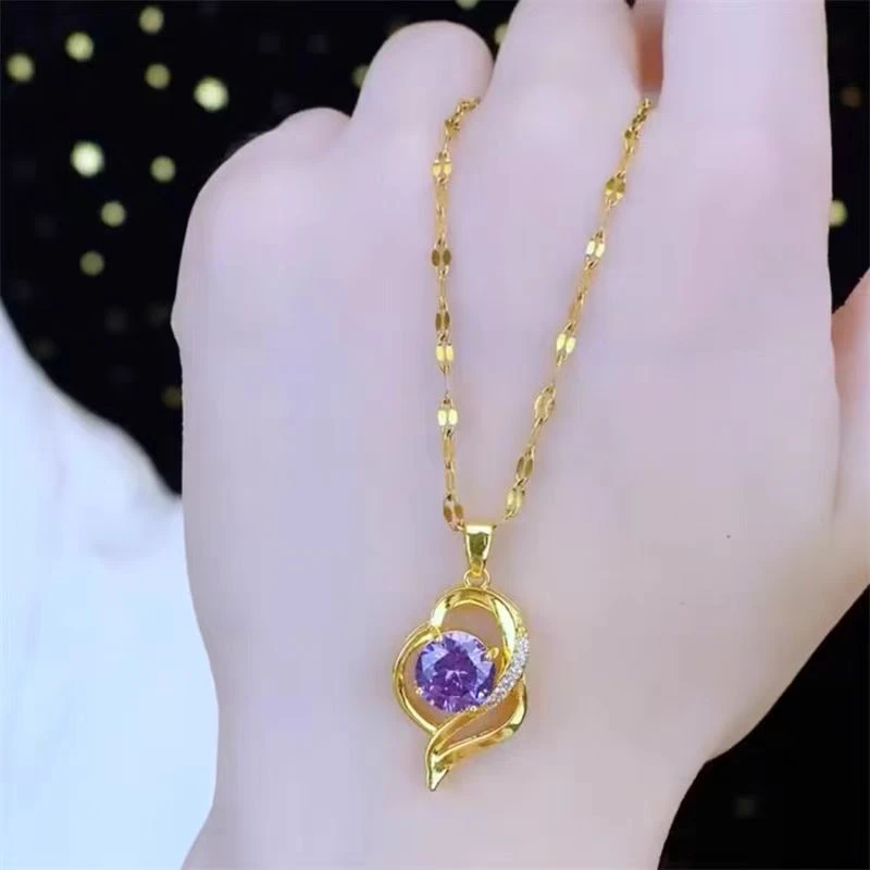 钛钢项链 紫水滴爱心项链女网红爆款不掉色轻奢小众高级感锁骨链