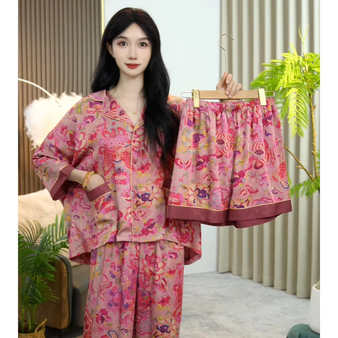 琪琪家【年年有余】舒适睡衣女士套装可外穿家居服七分袖三件套BQQ