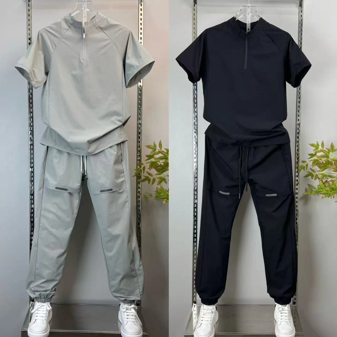 夏季男新款冰丝速干套装时尚立领半拉链短袖网眼休闲裤潮流俩件套