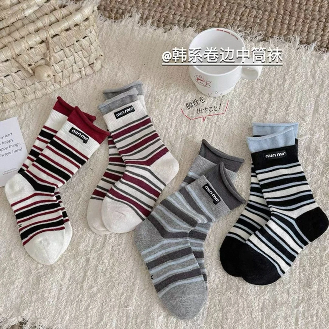 女童袜子春秋儿童韩系ins罗口布标字母堆堆袜秋天女孩条纹中筒袜