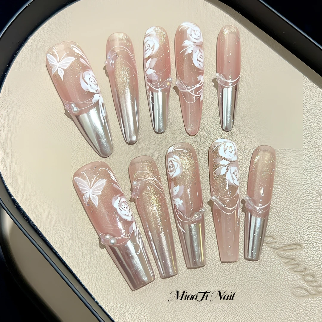 【春花宴】【9个甲型定制】猫哥 嫩粉色手绘桃花猫眼爆闪纯手工穿戴甲