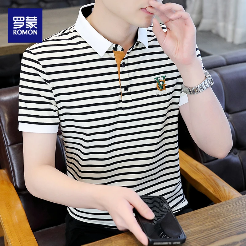 罗蒙翻领短袖T恤男士夏季潮牌高端条纹刺绣polo衫薄款冰丝体桖衫
