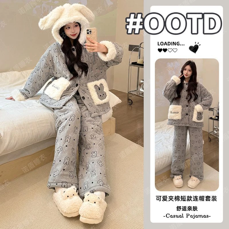 2025冬季三层夹棉珊瑚绒兔子睡衣女加绒加厚柔软女士家居服可外穿