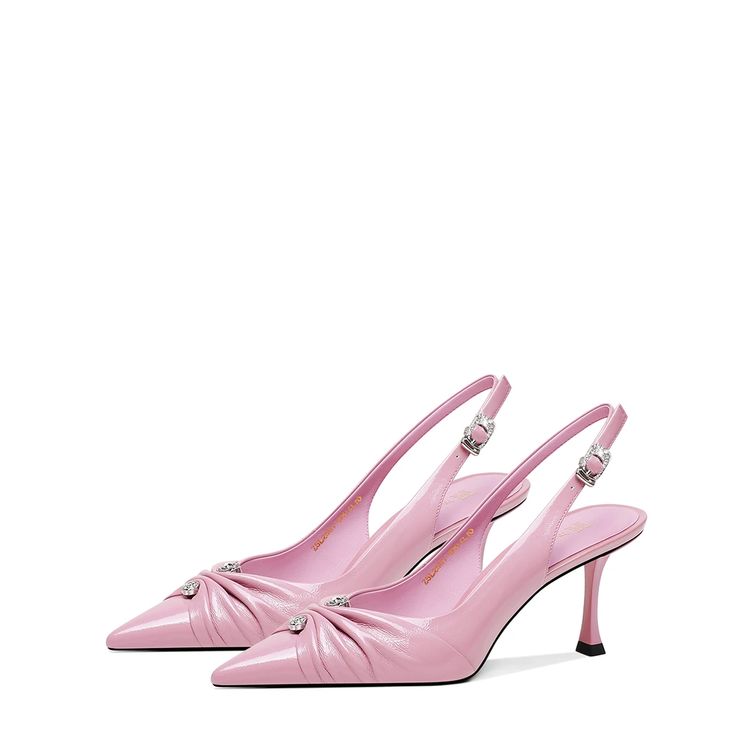 HYSN通勤百搭2025春夏新款气质尖头高跟鞋女细跟真皮水钻包头凉鞋