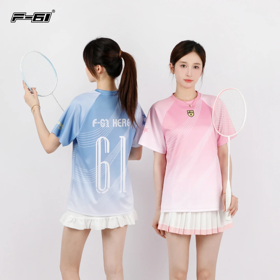 F61新款多巴胺渐变羽毛球服男女同款夏季150g速干网眼面料运动T恤