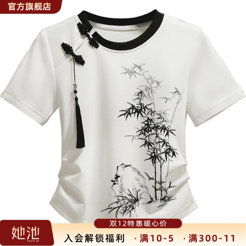 2025夏季新款女装复古烫钻盘扣撞色圆领短袖显瘦套头T恤S52B1613T