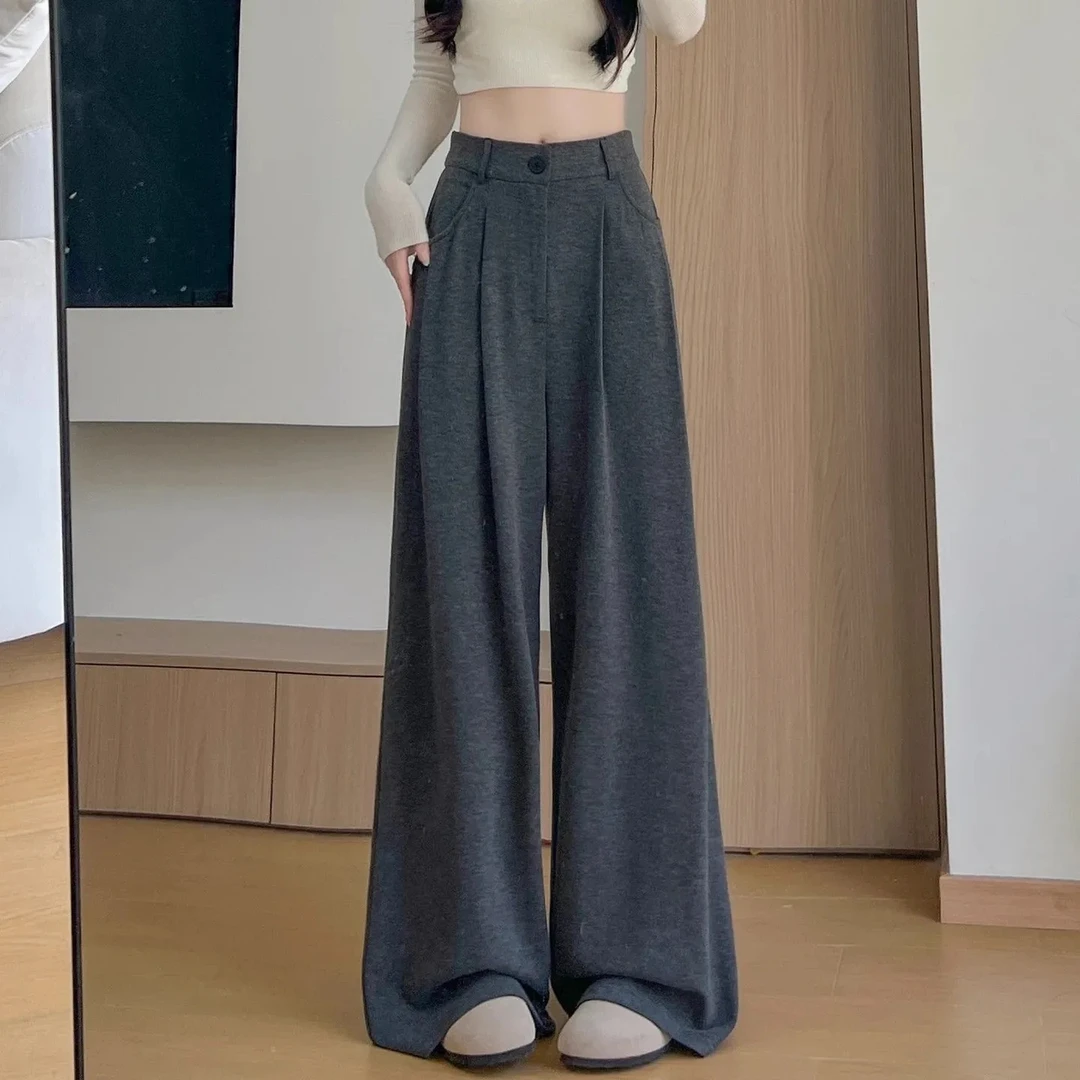 深灰色软糯糯米西装裤女秋冬季新款高腰宽松显瘦垂感慵懒风阔腿裤