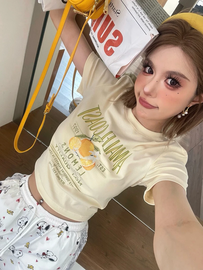 深圳南油TTONE清新黄色柠檬字母洋气小众设计短袖T恤