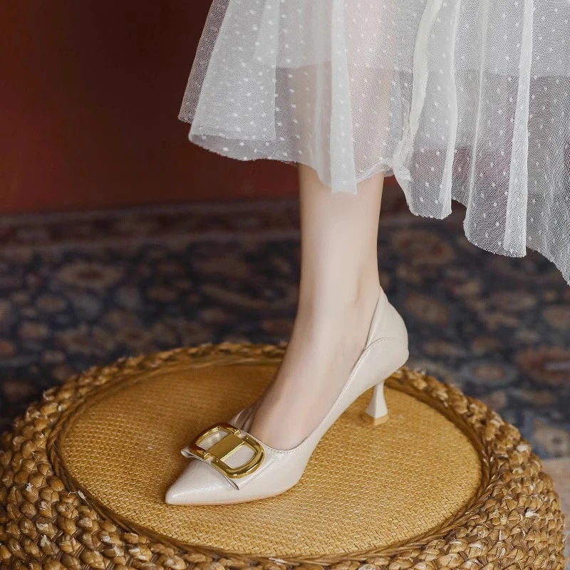 羊皮小码313233法式高跟鞋女2025新款黑色职业不累脚工作鞋单鞋女