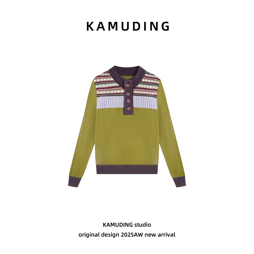 KAMUDING2025新款A56秋冬季慵懒撞色条纹时尚长袖毛针织衫25385