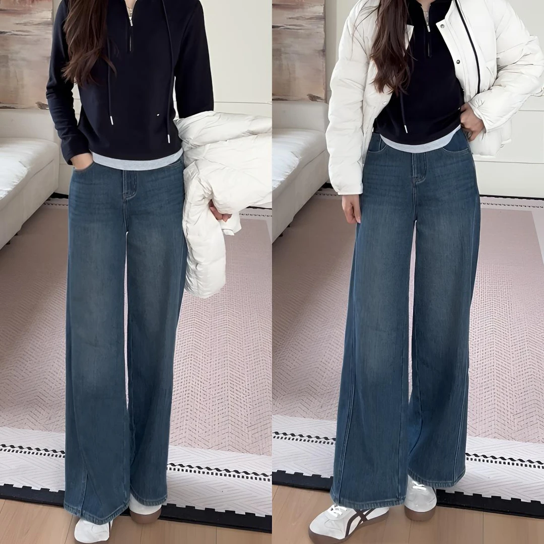 【余欢欢】秋冬季复古休闲百搭显瘦保暖加绒牛仔长裤-YHK50384