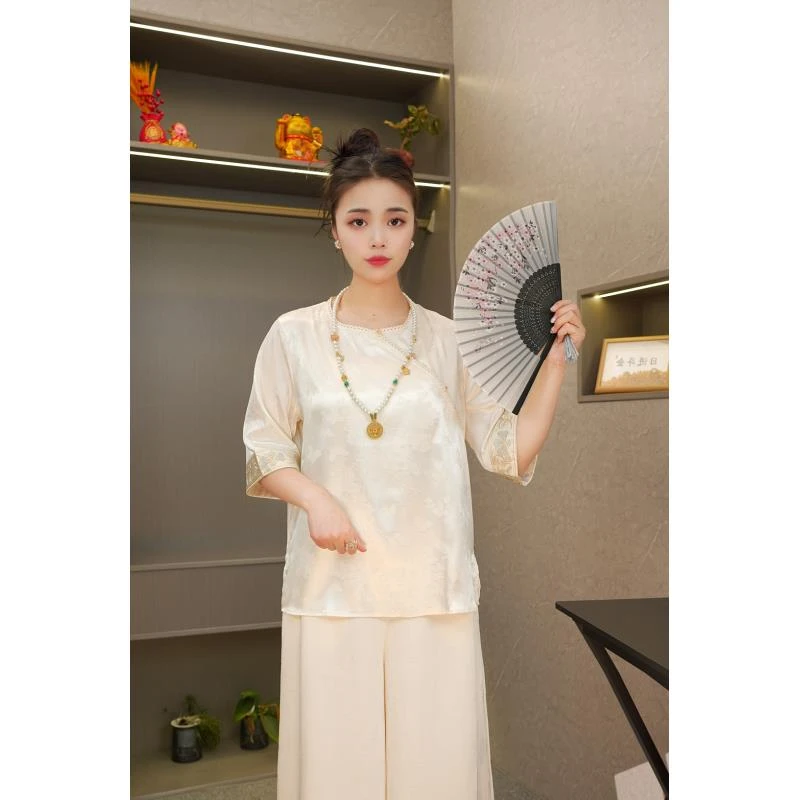 忆江南【云中梦蝶】新中式国风气质时尚百搭宽松夏季提花短袖上衣