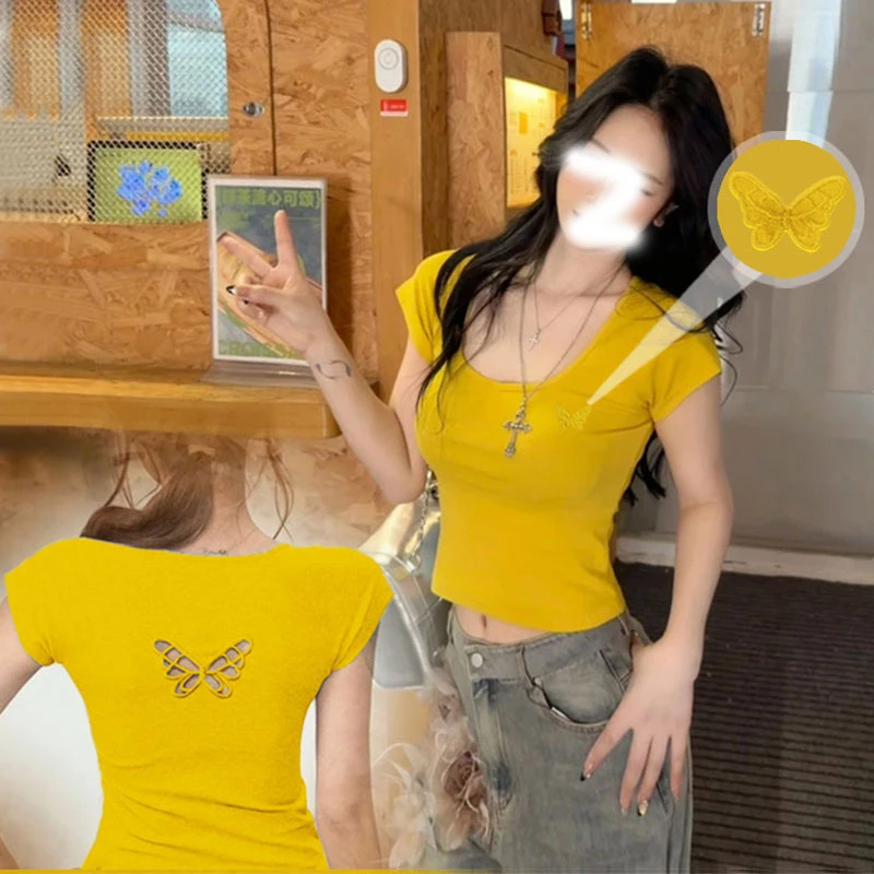 2025夏蝴蝶短袖辣妹风T恤黑色正肩t恤夏季紧身百搭背心ins韩版潮