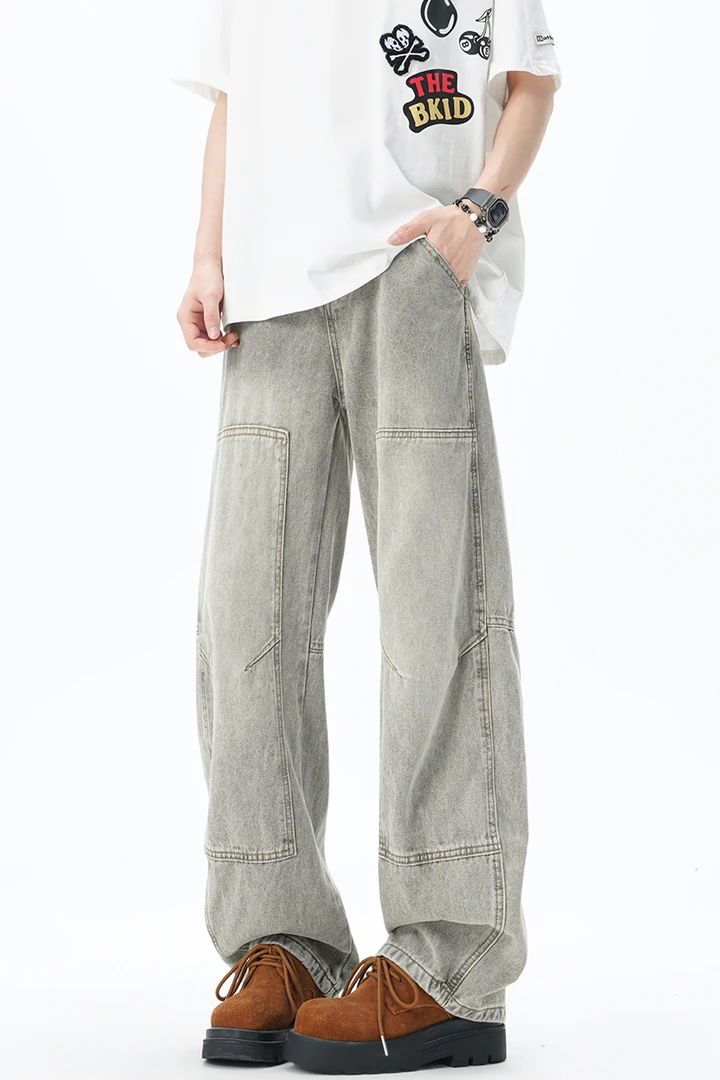 美式高街弯刀牛仔裤水洗复古做旧磨痕潮流