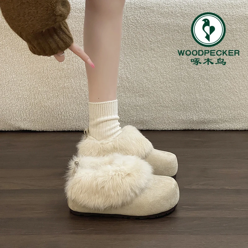 啄木鸟内增高毛毛浅口保暖雪地靴女2025冬新款加绒保暖厚底毛毛鞋