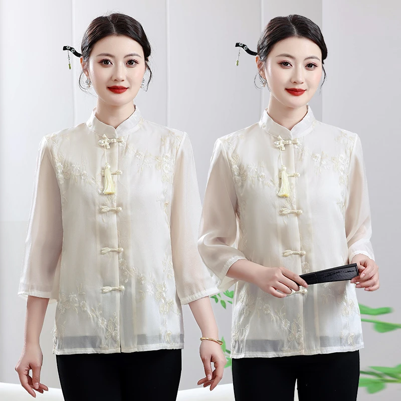 新中式国风刺绣流苏立领中袖衬衫中年女妈妈夏装减龄盘扣唐装上衣