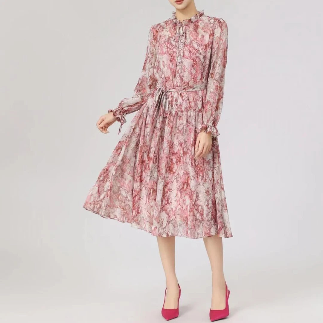 GIRDEAR/哥弟法式复古气质收腰木耳边碎花连衣裙1500465（两件套）